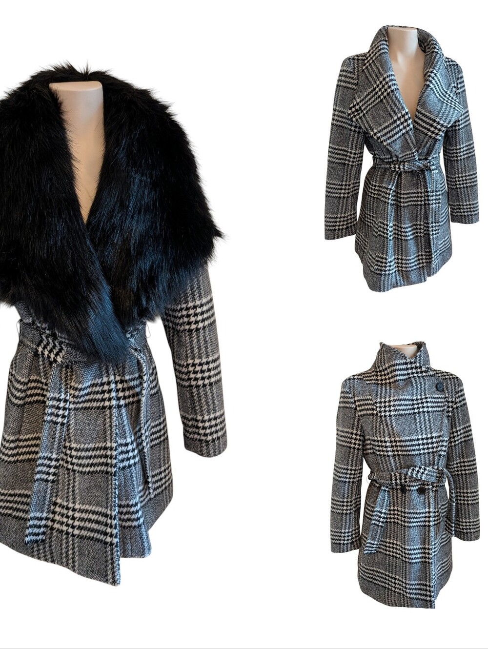 GUESS Plaid Wool Coat with Faux Fur Collar – Size S